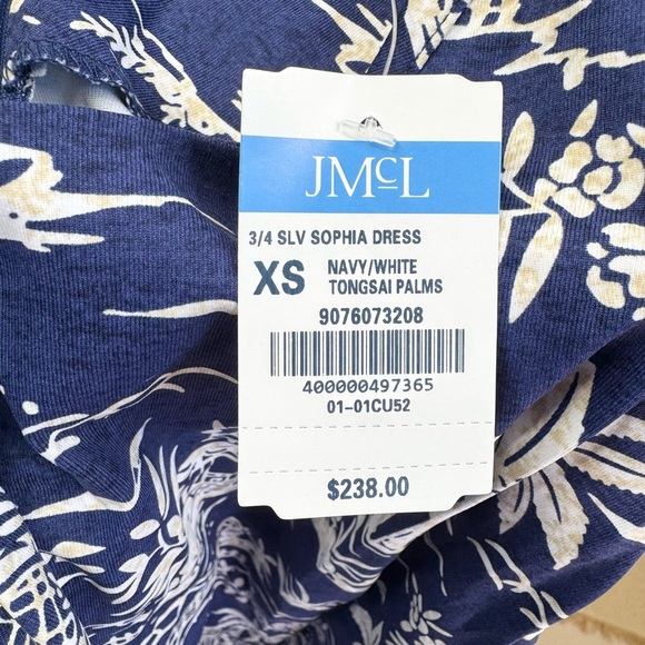 J.McLaughlin Sophia Dress Womens Blue White Tongsai Palms Print 3/4 Sleeve - Picture 8 of 10